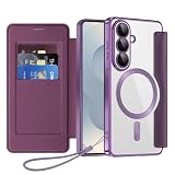Galaxy S26 用の ケース 手帳型 magsafe対応 RFIDブロッキング 背面 透明 クリア 財布型 ギャラクシー S26 向けの カバー 手帳 ワイヤレス充電対応 カード入れ PU革 レザー SC-51G / SCG36 対応の スマホケース 軽量 薄型 防塵 耐衝撃 カメラレンズ保護 ストラップ付き パープル