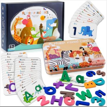 Number and Alphabet Flash Cards for 3-6 Years Old Toddler,Flash Cards for Montessori Education with Interactive Wooden Letters Puzzle,Preschool Matching Game for Kids Learning Gifts