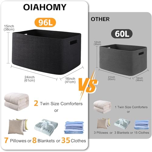Image of OIAHOMY XXLarge Rectangle Blanket Basket-96L, Cotton Woven Basket for Storage, Dirty Clothes Baskets for Living Room, Nursery, Bedroom, Toy Organizing with Handle, 24 inch x 16 inch x 15 inch, Charcoal Black