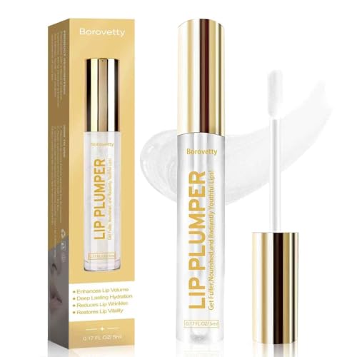 Borovetty Lip Plumper Gloss, Clear Plumping Lip Gloss for Fuller, Hydrated Lips, Nourishes & Smooths...