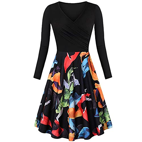Damen Langarm A-Linie Kleid 60er Jahre Rockabilly 3/4 Ärmel Black-2,S