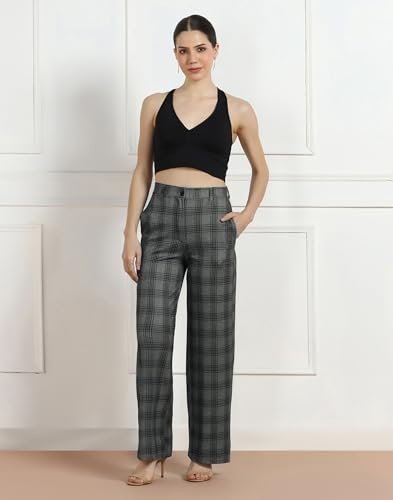 Image of Selvia Women's Straight Leg Printed Checks Pants with Pockets Comfort Fit Trousers