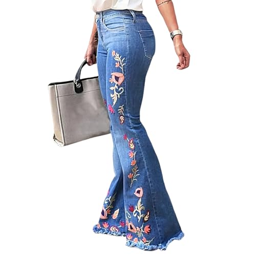 Womens Floral Embroidered Flared Jeans Bell Bottom Jeans Stretchy Denim Pants Casual Trousers Frayed Hem Trousers