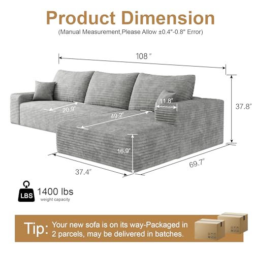 Image of 96 inch Sectional Couches for Living Room Cloud Couch Sofa with L-Shape Upholstered Boneless Couchs Modern Modular Sectional Couch with Chaise
