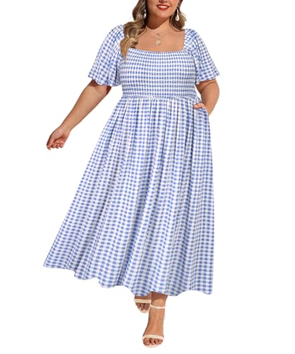 Image of RITERA Plus Size Dresses for Curvy Women Square Neck Short Sleeve Summer Floral Smocked Maxi Dress with Pocket XL-5XL