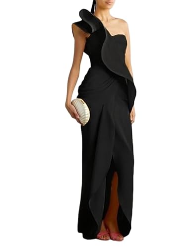 BHYCXAH Luxury Sculpted Ruffle One-Shoulder Evening Gown High-Slit Satin Maxi Dress Black