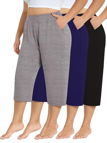 3 Pack Women's Plus Size Capri Pants Capris Sweatpant Loose Cropped Yoga Pant with Pockets Lounge Pajama Summer Pant