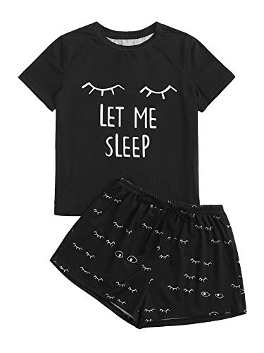 Wdirara Women's Cute Cartoon Print Closed Eyes Print Tee And Shorts Pajama Set Black L #TOP21