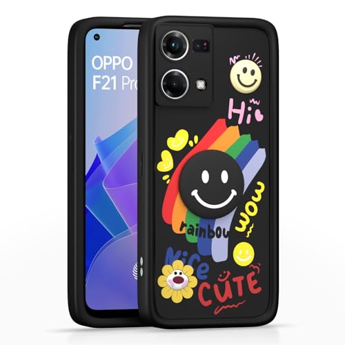 Image of Pikkme Back Cover for Oppo F21 Pro 4G | Soft Silicone| Cute Rainbow Smile & 3D Cartoon Flower Design | Shockproof Raised Camera Protection Bumper Case (Black)