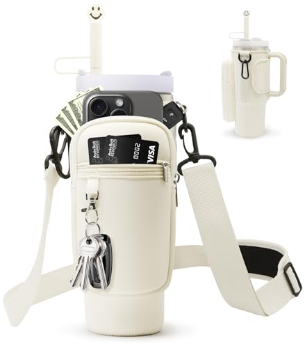 BILTRTE Water Bottle Carrier Bag for Stanley 40oz Tumbler with Phone Pocket, Water Bottle Holder Pouch with Adjustable Strap & Straw Cover, Stanley Cup Accessories