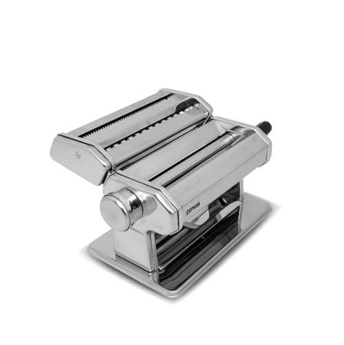 Zephir, Macchina Manuale per la Pasta Fresca, Struttura da 180mm, Morsetto di Fissaggio, Manovella Removibile con Impugnatura in Plastica, Piedini Antiscivolo, 7 Posizioni, 2 Rulli da Taglio XL