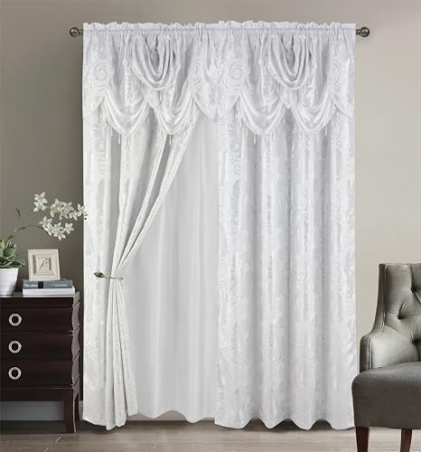 GLORY RUGS Jacquard Luxury Window 2 Panel Set White Curtain with Attached Valance and Backing...