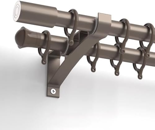 28mm Aluminum Double Curtain Rods with Brackets - Wall-Mounted Drapery Rods for Sheer & Blackout Curtains in Bedroom/Living Room, 320cm Brown Finish