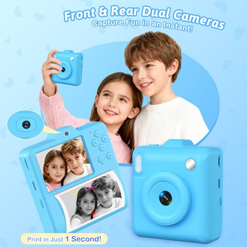 Kids Camera for Instant Print Selfies - 2.4''1080P HD Digital Camera with 32GB Card & 5 Rolls Photo Paper, Christmas Birthday Toys Gifts for 3-12 Years Old Boys Girls - Blue