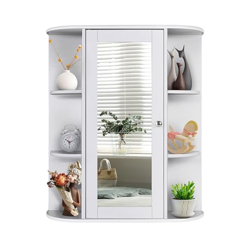 LIFEZEAL Specchio Bagno Contenitore in Legno, 60x17x71cm, Mobile Sospeso Lavabo con HD Specchiera, Mobiletto salvaspazio da Parete con Anta, 6 scomparti aperti e ripiani regolabili, Pensile Bianco