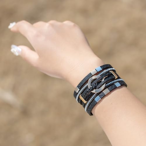 FANCY SHINY Boho Leather Wrap Bracelets Gold Circle Square Bead Braided Handmade Stackable Bracelet Trendy Cuff Bangle for Women2