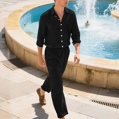 Mens Casual 2 Piece Outfits Lapel Neck Button Down Long Sleeve Shirts and Long Pants Set 2025 Trendy Vacation Outfit2
