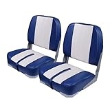 Vancus Low Back Folding Boat Seats 2 Pack - Premium Bass/Jon/Pontoon Boat Chairs, Heavy Duty Waterproof Swivel Fishing Boat Seat (White&Blue)