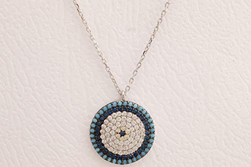 Special Design! Turkish Evil Eye Handmade Jewelry Round Cut Turquoise Sapphire White Topaz 925 Sterling Silver Rhodium Necklace4