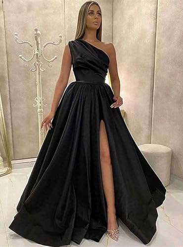 GUKARLEED Women's One Shoulder Satin Prom Dresses High Slit Ruched Formal Evening Gowns Long Wedding Guest Dress with Pockets2