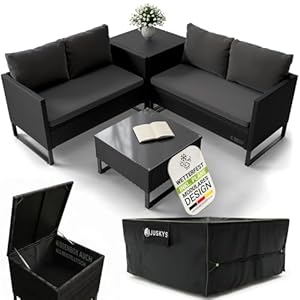 Juskys® Outdoor Polyrattan Lounge Santorini inkl. Abdeckung - Gartenlounge mit Beistelltisch & Auflagenbox - Gartenmöbel Set Rattan Sitzecke wetterfest - Schwarz