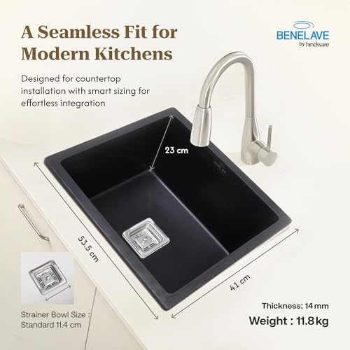 Image of Benelave by Hindware BLACP91005 Quartz Sink 21x18 for Kitchen | Single Bowl | Black Color | Better Sound Absorption for Quieter Use | 7-year Manufacturer Warranty