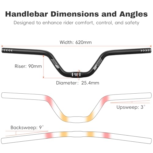 PLATT 25.4/31.8mm Mountain Bike Handlebar/Riser Handlebar - (30mm, 35mm, 50mm, 70mm, 90mm, 120mm, 160mm) High-Rise Aluminum Alloy MTB Handlebar (25.4mm-620mm, 90mm Rise)