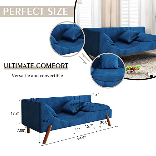Phoyal Chaise Longue, Modern Living Room Curved Lounge Chair With 2 Pillows, Velvet Upholstered Lounge Chair For Living Room And Bedroom, 64.9”Chair (Blue) #TOP1