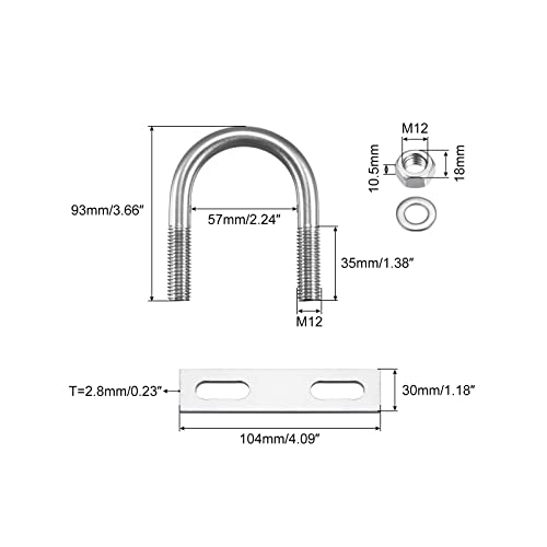 Image of uxcell Round U-Bolts, 57mm(2.24 inch) Inner Width 93mm Length M12 304 Stainless Steel U Clamp Bolt with Nuts Washers and Plates, for Boat Trailer