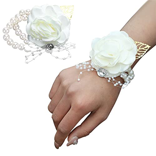 TAIANJI 2PCS Poignet de Mariage Floral avec Strass et Perle, Poignet de Mariage, Poignet Rose, Poignet Fleur pour Anniversaire de Mariée (Blanc)