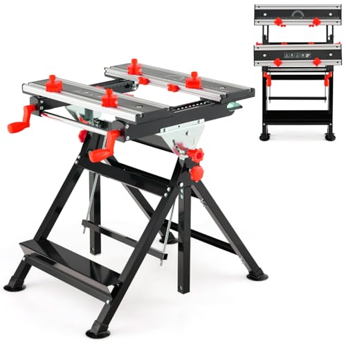COSTWAY Folding Workbench 7-Level Height Adjustment Work Table with 4-Position Tiltable Platform 8 Sliding Clamps Protractor & Ruler Heavy Duty Metal Workstation Tool Stand (Red 75x60x103cm)