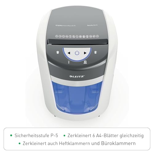Leitz IQ Optimax Home Office 225 P5 Aktenvernichter, Mikroschnitt, Bis 6 Blatt 80 g/m², 45 Prozent mehr Volumen, 15 L Behälter für 225 x A4, Leiser Betrieb, 20 Min Laufzeit, Weiß, 83580000