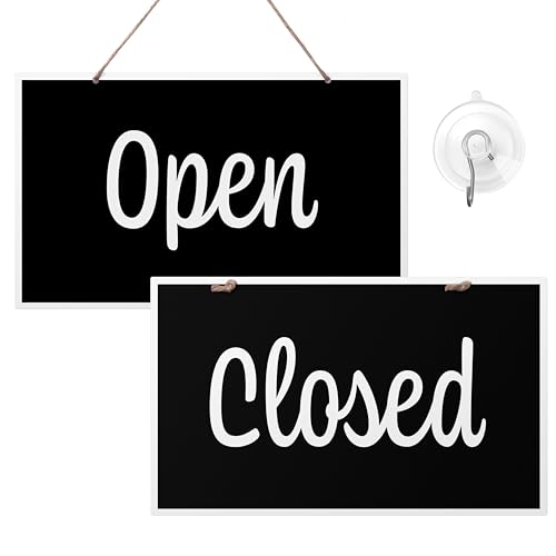 Open Closed Sign for Business, 10\" x 6\" Double Sided Plastic Sign with Twine, Suction Cup Hook, Business Hours (Black/White)