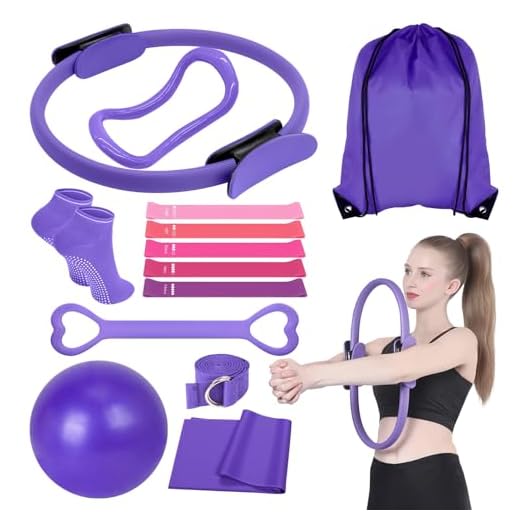DVDGSC 13 Piezas Pilates Essential Kit: Kit Pilates en Casa Anillo Mágico Bandas y Accesorios para Glúteos Firmes Brazos Definidos - Set Hogar Gimnasio (Purple)