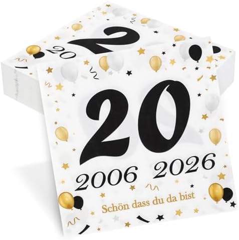 50 Stück Servietten 20. Geburtstag, Seutgjie 20 Geburtstag Deko 2006-2026 Porzellanhochzeit Jubiläum Tischdeko Schwarz Gold Tisch-Deko Party Gedeckter Tisch