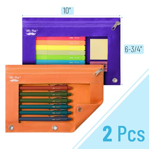 Image of Mr. Pen- Pencil Pouch for 3 Ring Binder, 2 Pack, 10 inchx6.75 inch, Smooth Zipper, Clear Window, Large Capacity Pencil Case with 3 Reinforced Grommets for School, Office, Supplies Storage