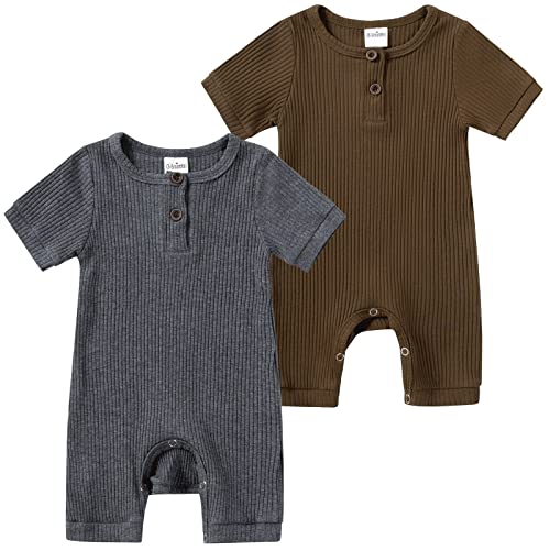 Image of VICVIK Baby Boy Girl 2 Pack Solid Romper Knitted Button One Piece Bodysuit Long Sleeve/Short Sleeve Newborn Infant Jumpsuit Clothes