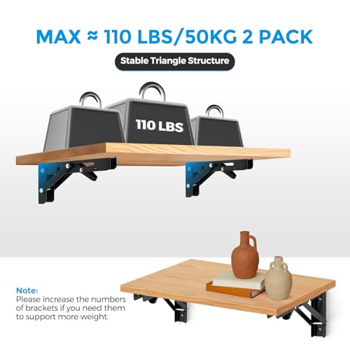 Image of 6 Inch Folding Shelf Brackets, 2 Pack (1 Pairs) Heavy Duty Metal Collapsible Wall-Mounted Brackets, Space-Saving DIY Foldable Shelf for Benches and Tables, Matte Black