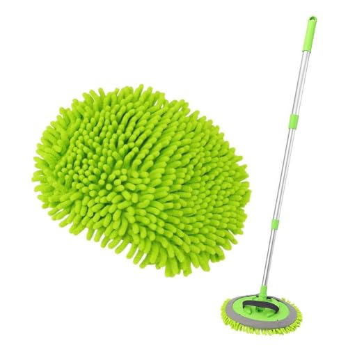 2 in 1 Microfiber Car Wash Mop Mitt with Long Handle, Car Wash Brush Duster Extension Pole 45 in, Scratch Free Cleaning Tool Dust Collector Supplies for Washing Car,Truck, RV. 2Pcs Mop Head