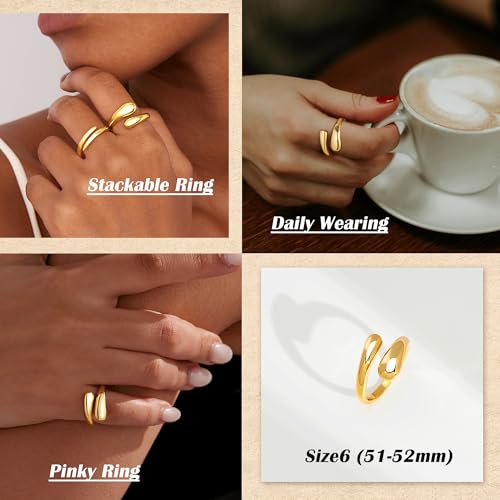 Inerney Gold Chunky Rings for Women Non Tarnish, 14K Gold Plated Adjustable Rings for Statement, Stackable Thumb Pinky Bands Comfort Fit Size 5-11 for Jewelry Gift3