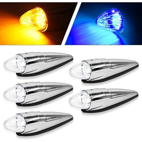 5PCS 21 LED Dual Color Chrome Cab Marker Light, Torpedo Cab Marker Roof Running Top Lights, Replacement for Heavy Duty Trucks Kenworth Freightliner Peterbilt International Mack, Amber/Blue Cover