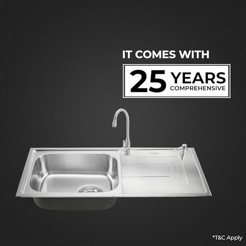 Image of Hindware Kitchen Sink 39.4 inchx19.7 inchx8.6 inch |304 Grade Stainless Steel|Handmade Single Bowl Sink with Accessories includes- Soap Dispanser, Pullout Faucet, Bottle Trap Connector & Chopping Board (Rodrigo)