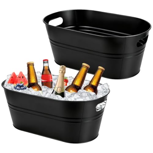 OBTANIM 2 Pack 4 Gallon Galvanized Ice Buckets Metal Champagne Drink Cooler Ice Tub with Carry Handles for Beer Cocktails Wine Beverage Home Parties Bar Cooling Supplies (Black)
