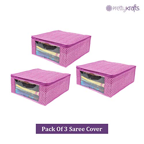Image of PrettyKrafts Cotton Quilted Large Sari Cover Bag with transparent window, Pack of 3, Pink