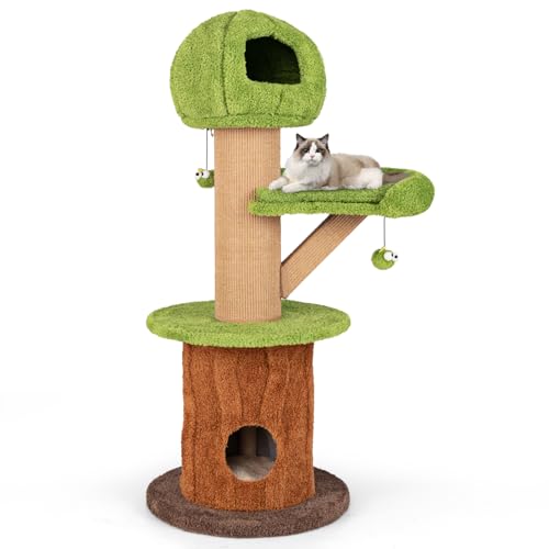 PETSITE 58 Inch Forest-Themed Cat Tree, Multi-Level Cat Tower with 2 Cute Condos, Plush Perch, Teasing Balls, Sisal Posts, Hidden Cave, and Removable Cushions, Modern Cute Cat Tree for Indoor Cats