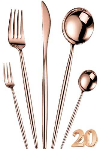 Image of Slim Handle Rose Gold 20 Pcs Stainless Steel Cutlery Set for Dining Table, Dishwasher Safe Glossy Flatware (4 Spoon Set+4 Forks Set+4 Butter Knife+4 Dessert Spoon+ 4 Fruit Fork)