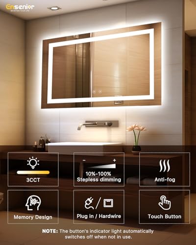 Ensenior LED Bathroom Mirror 60"x 36" with Front and Backlight, Stepless Dimmable Wall Mirrors with Anti-Fog, Shatter-Proof, Memory, 3 Colors, Modern LED Vanity Mirror-ETL & FCC