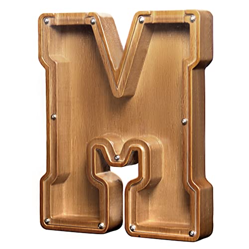 Image of AORCMITN Large Wooden Letter Coin Personalized Piggy Bank for Boys Girls Kids Toddler Adults Money Bank Best Gift for Friends (9.2 Inch-M)