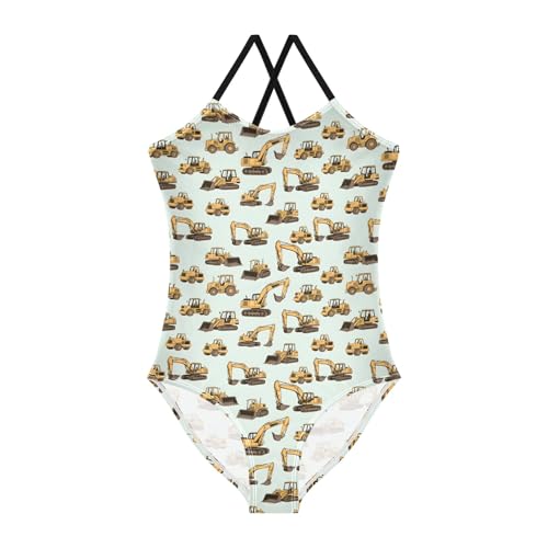 senya Girls Swimsuits One-Piece Swimwear Tie Bathing Suit Beach Summer Round Neck 5-6T Excavator Pattern