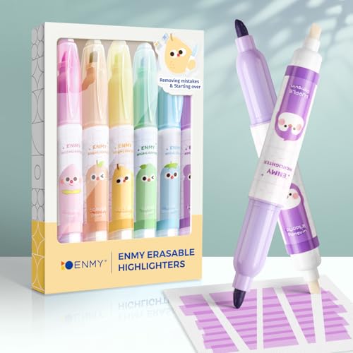 ENMY Erasable Highlighter Pens, 6 PCS Dual Tip Erasable Highlighter Pen Assorted Colors, Smooth Writing Book Journaling Highlighters Erasable, No Bleeding Highlighters for Bible Journal Planner